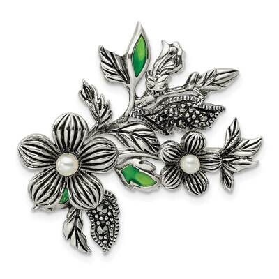 Fwc Pearl Marcasite Enamel Flower Pin Sterling Silver Antiqued QP5419, MPN: QP5419,