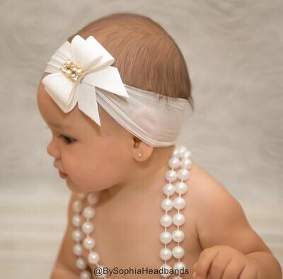 White Bow Headband Baby Bow Headband Nylon Headband Baptism Headband White Baby Headband Newborn He…