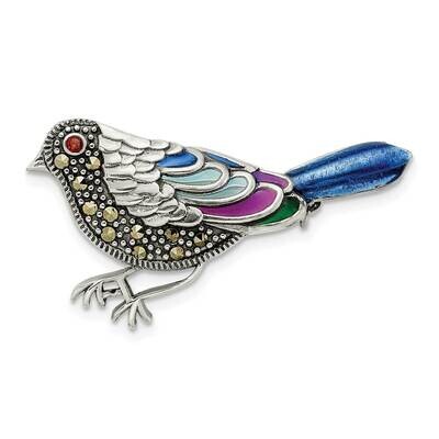 Enameled Marcasite &amp; Garnet Bird Pin Sterling Silver Antiqued QP5415, MPN: QP5415,
