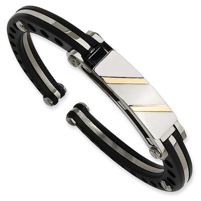 Black PVC &amp; 14k Gold Yellow Inlay Hinged Bangle - Stainless Steel SRB233 by Chisel, MPN: SRB233, 88…
