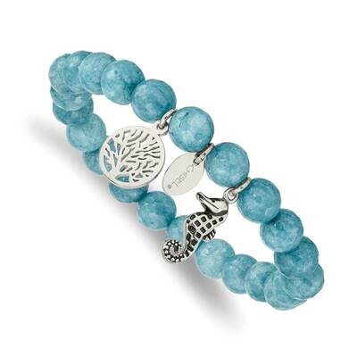Polished Seahorse Blue Dyed Jade Stretch Bracelet Stainless Steel Antiqued SRB2327, MPN: SRB2327, 1…