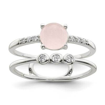 CZ Diamond and Pink Quartzite Double Ring Sterling Silver Polished QR7337, MPN: QR7337,