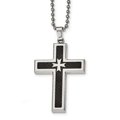 Black Carbon Fiber Inlay Cross Necklace Stainless Steel Polished SRN2302-22 by Chisel, MPN: SRN2302…
