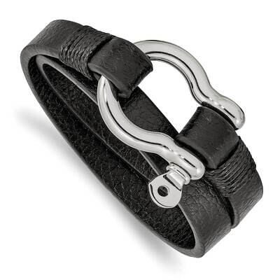 Textured Black Leather 16 Inch Wrap Shackle Bracelet Stainless Steel Polished SRB2465, MPN: SRB2465…