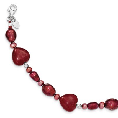 7.5 Inch Red Jade Hearts Cultured Pearl Bracelet Sterling Silver QH4558-7.5, MPN: QH4558-7.5, 88677…