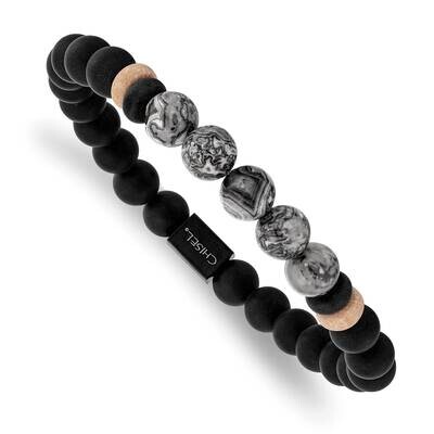 Black Ip Black Agate Grey Jasper Stretch Bracelet Stainless Steel Brushed SRB2712, MPN: SRB2712, 19…