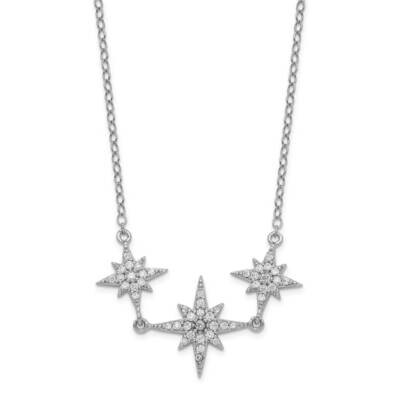 3-Stars with 2 inch Extender Necklace Sterling Silver Rhodium-plated CZ Diamond QG5516-16, MPN: QG5…