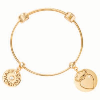 Nikki Lissoni Charm Bangle with Two Fixed Charms Be Who You Are Loyalty Heart Gold-Plated 19cm 7.4 …