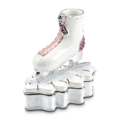 By Jere GLIDER Pink and White Ice Skate Trinket Box with Matching 18 Inch Necklace Pewter Bejeweled…