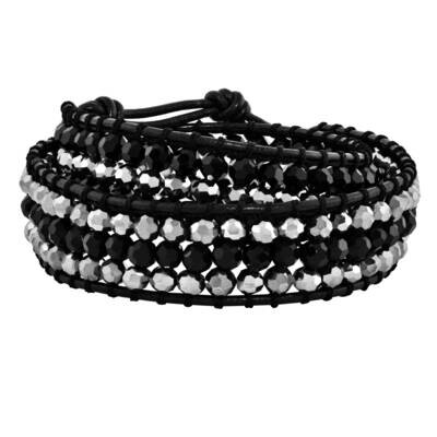 Black Aurora Borealis Grey Crystal Bead &amp; Leather Bracelet Multi Wrap BF1627, MPN: BF1627, 19110109…