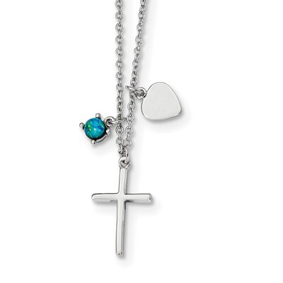 Synthetic Blue Opal Cross Necklace 18 Inch Sterling Silver Rhodium-plated QG4400-18, MPN: QG4400-18…