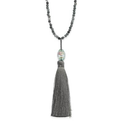 Green Glass Hematite Grey Quartz with Nylon Tassel Drop Necklace 34.5 Inch Sterling Silver Rhodium-…