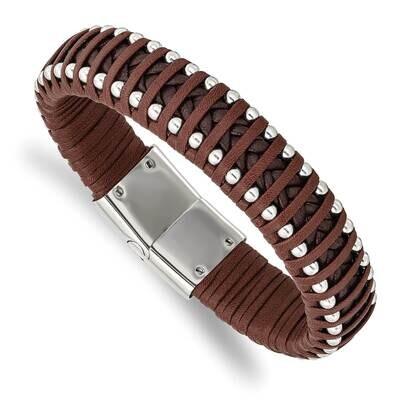 Beaded Brown Leather 8.25 Inch Bracelet Stainless Steel Polished SRB2759-8.25, MPN: SRB2759-8.25, 1…