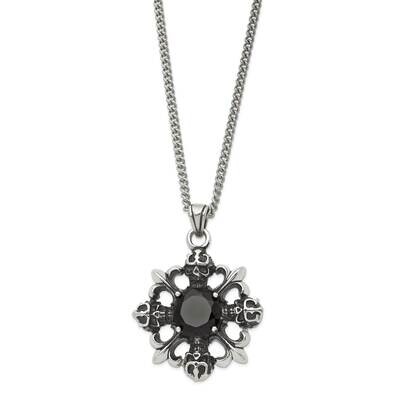 Antiqued &amp; Polished with Black CZ Diamond Skulls &amp; Fleur De Lis Neckla Stainless Steel SRN1142-22 b…