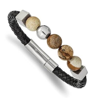 Brown Jasper Black Leather 8 Inch Bracelet Stainless Steel Polished SRB2485-8, MPN: SRB2485-8, 1911…