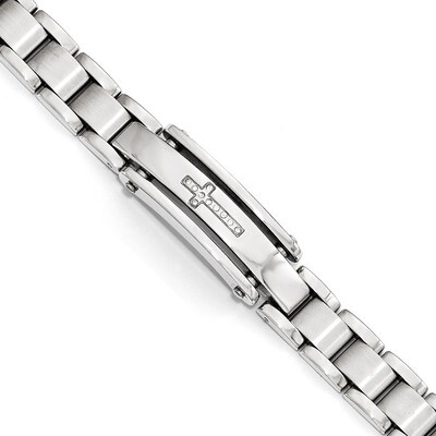 Polished &amp; Brushed Synthetic Diamond Cross ID Bracelet - Stainless Steel SRB1725-8.5 by Chisel, MPN…