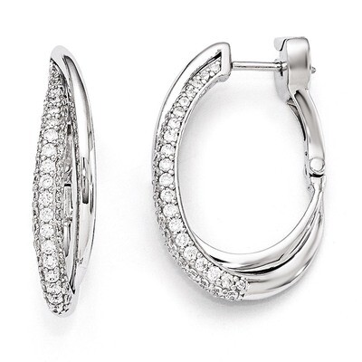 Hinged Oval Double Hoop Dangle Earrings Sterling Silver Rhodium Plated Polished Cubic Zirconia QE11…