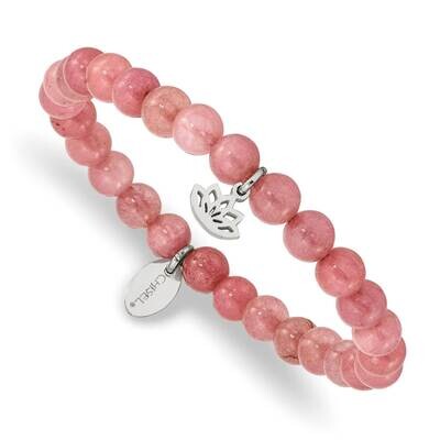 Lotus Pink Jade Beaded Stretch Bracelet Stainless Steel Polished SRB2347, MPN: SRB2347, 191101860737