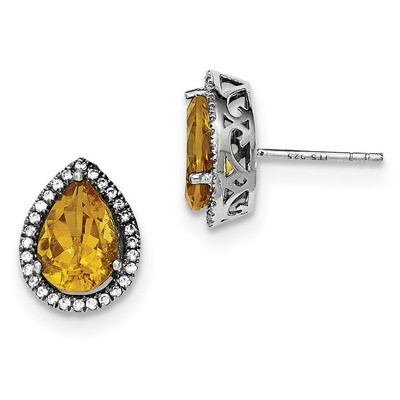 Citrine &amp; CZ Diamond Post Earrings Sterling Silver Rhodium Polished QE12637NOV, MPN: QE12637NOV, 19…