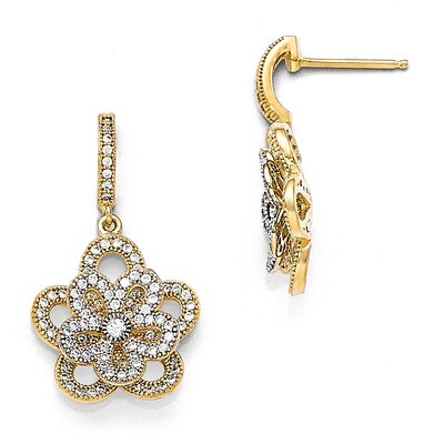 Flower Dangle Post Earrings Sterling Silver Gold-plated Cubic Zirconia QMP1188, MPN: QMP1188, 88395…