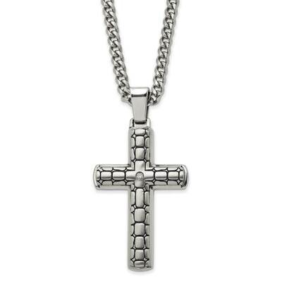 Antiqued Brushed &amp; Polished with CZ Diamond Cross 24 Inch Necklace Stainless Steel SRN2841-24 by Ch…