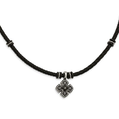 Black IP Braided Black Leather CZ Necklace Stainless Steel Polished SRN2076-21 by Chisel, MPN: SRN2…