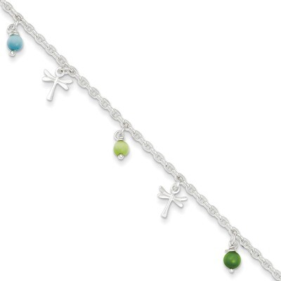10 Inch Dragonflies Aqua &amp; Green Beads 9in 1ext. Anklet Sterling Silver Polished QG2142-10, MPN: QG…