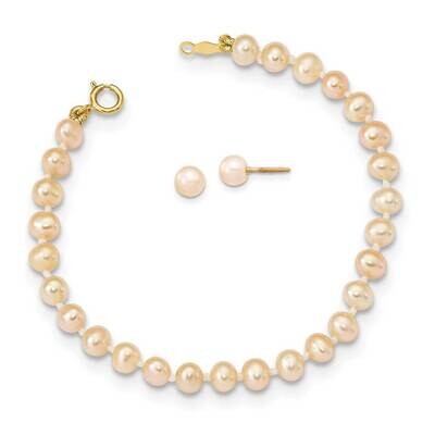 4-5mm Pink Freshwater Cultured Pearl 5.5 Bracelet &amp; Earrings Set 14k Gold XF730SET by Madi K, MPN: …