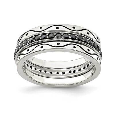 Three Piece Set Antiqued &amp; Black Bands Sterling Silver CZ Diamond QR6906, MPN: QR6906, 886774092478
