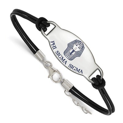 Phi Sigma Sigma Enameled Oval Black Leather Bracele - Sterling Silver SS018PSS-BK-7, MPN: SS018PSS-…