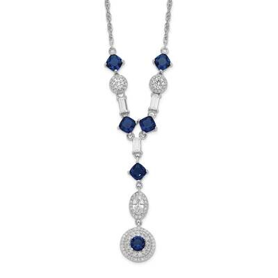 Cheryl M Rhodium-Plated Lab Blue Glass and CZ Diamond Necklace Sterling Silver QCM1522-18, MPN: QCM…