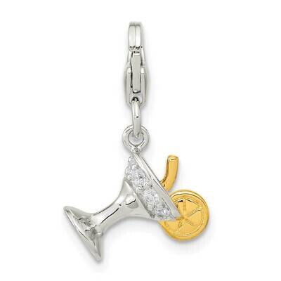 CZ Diamond Martini Glass with Lobster Clasp Charm Sterling Silver Gold-Plated QCC1237, MPN: QCC1237,