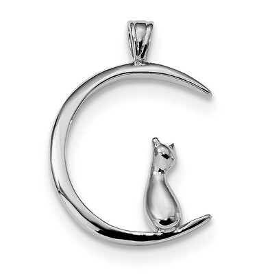 CZ Diamond Cat On Moon Pendant Sterling Silver Rhodium-plated QP5017, MPN: QP5017, 886774015026