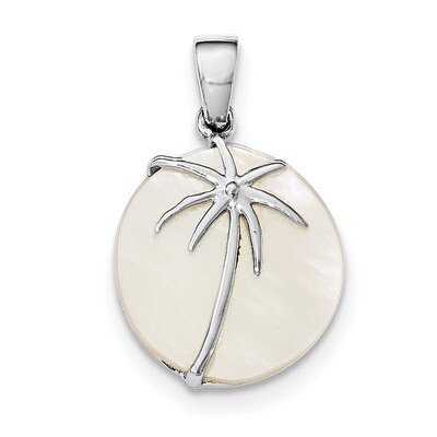 Mother of Pearl Palm Tree Round Pendant Sterling Silver Rhodium-plated Polished QP4183, MPN: QP4183…