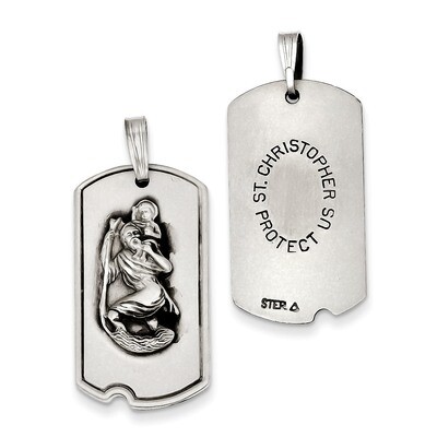 Antiqued Saint Christopher Dog Tag Pendant Sterling Silver Satin QC7368, MPN: QC7368, 886774583099
