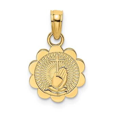 Praying Hands Cross On Scalloped Round Disk Charm 14k Gold K8436, MPN: K8436, 637218037254
