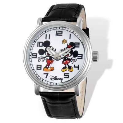 Disney Mickey &amp; Minnie Black Leather Watch Adult Size XWA4510, MPN: XWA4510, 843231070820