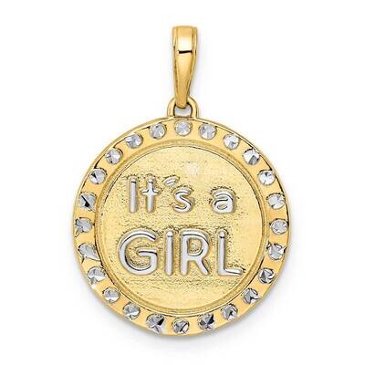 Diamond-Cut It&#39;s A Girl Round Disc Pendant 14k Gold with White Rhodium M3010, MPN: M3010,