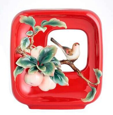 Franz Porcelain A Sparrow Standing At Ripe Peach Branch Vase CP00036, MPN: CP00036,