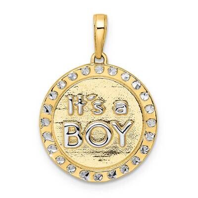 Diamond-Cut It&#39;s A Boy Round Disc Pendant 14k Gold with White Rhodium M3009, MPN: M3009,
