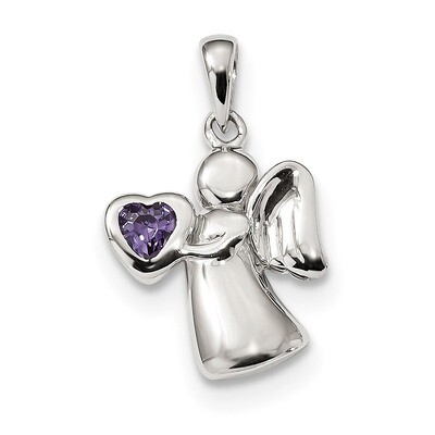 Angel with Purple CZ Diamond Heart Pendant Sterling Silver QC9144, MPN: QC9144, 886774089546