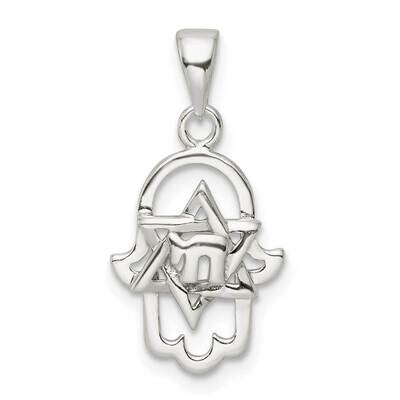 Chai In Star of David Hamsa Pendant Sterling Silver Polished QC11225, MPN: QC11225,