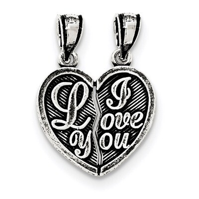 Mini I Love You Break Apart Heart Pendant Sterling Silver Antiqued QC8107, MPN: QC8107, 191101361005