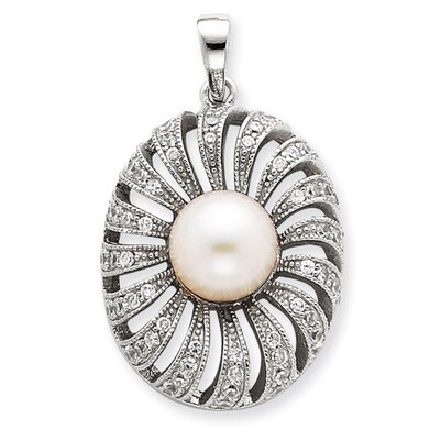 Simulated Pearl and CZ Pendant Sterling Silver QP1218