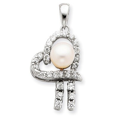 Simulated Pearl and CZ Pendant Sterling Silver QP1206