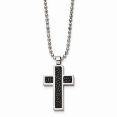 Black Stingray Leather Cross Pendant 24 Inch Necklace Stainless Steel SRN459-24 by Chisel, MPN: SRN…