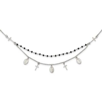 Black Beaded Cross &amp; Mary Necklace Sterling Silver QG5247-17.5, MPN: QG5247-17.5, 191101768187