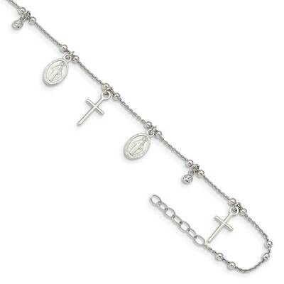 Cross &amp; Mary Charm with 1 inch Extender Anklet Sterling Silver CZ Diamond QG4795-9, MPN: QG4795-9, …