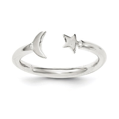 Half Moon and Star Adjustable Ring Sterling Silver Polished QR6191, MPN: QR6191, 191101073014