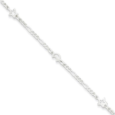 9 Inch Moon and Star &amp; Extension Anklet Sterling Silver Polished QG3183-9, MPN: QG3183-9, 886774988…